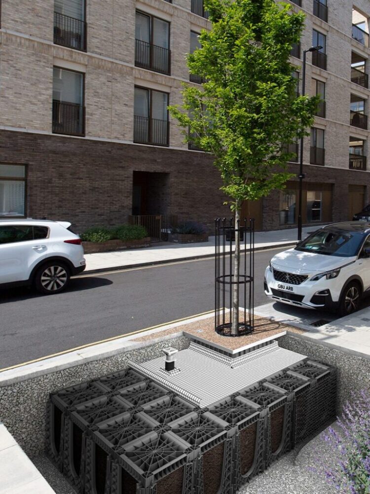 Rendering of the RootSpace system - showing soil cells under pavement